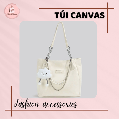 Túi canvas đeo vai thời trang nữ phối charm ngọc trai phong cách Hàn